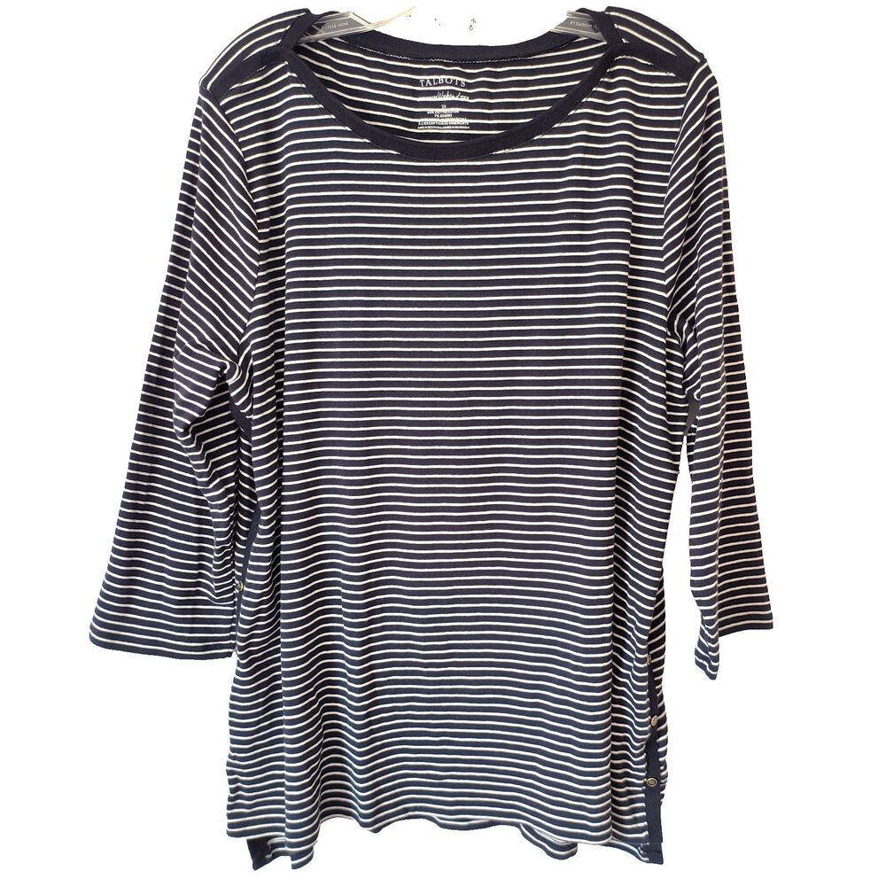 Talbots Top Size 2X Navy &White Stripes Weekend Tee Stretch Hi Lo Cotton Coastal